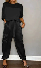 Women's Wide Leg Jumpsuit Set – Cold Shoulder Top & Tailored Jumpsuit