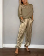 Women's Wide Leg Jumpsuit Set – Cold Shoulder Top & Tailored Jumpsuit