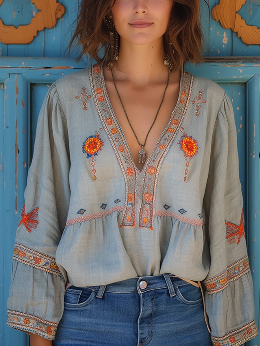 Women's Autumn Boho Print Blouse – Relaxed Patterned Blouse