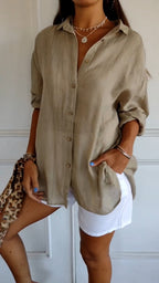Women's Pleated Button Blouse – Relaxed Long Sleeve Shirt Blouse
