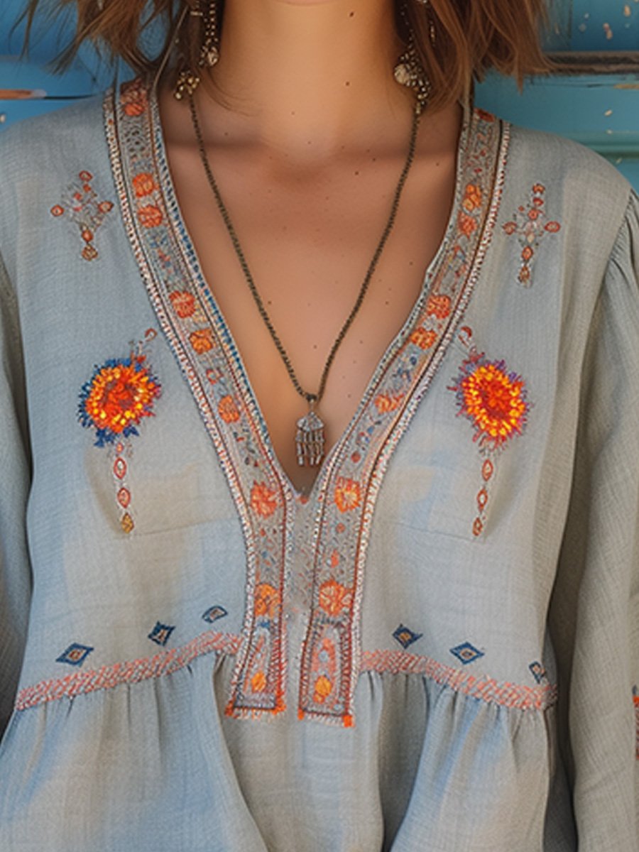 Women's V-Neck Boho Print Blouse – Relaxed Patterned Blouse
