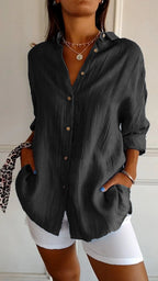 Women's Pleated Button Blouse – Relaxed Long Sleeve Shirt Blouse