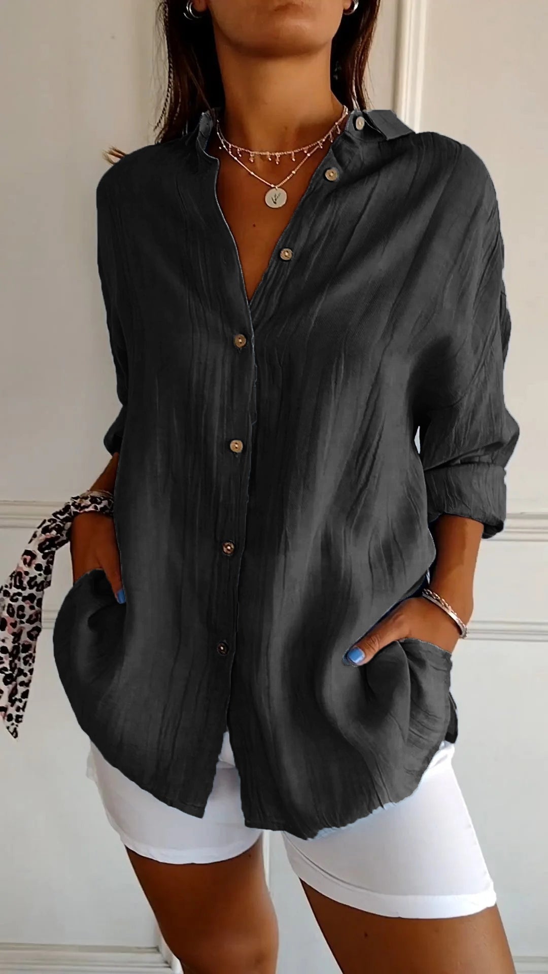Women's Pleated Button Blouse – Relaxed Long Sleeve Shirt Blouse
