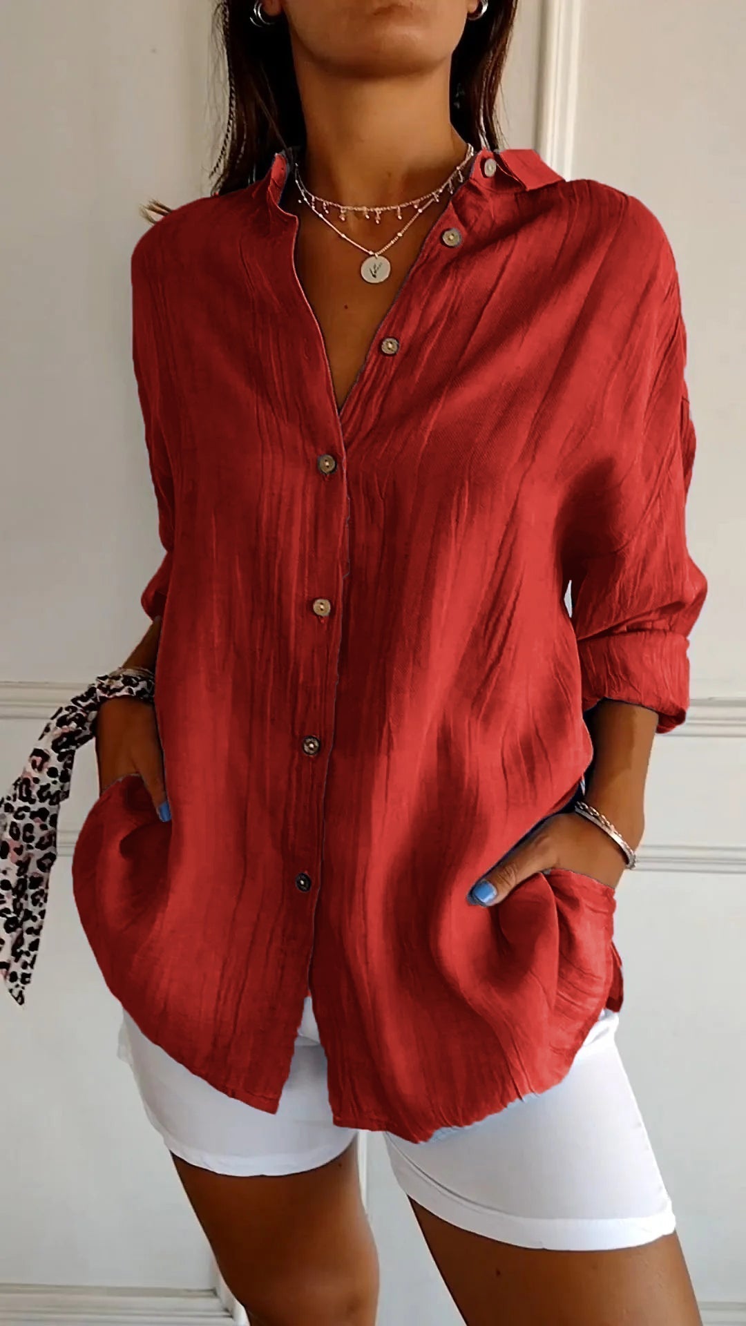Women's Pleated Button Blouse – Relaxed Long Sleeve Shirt Blouse