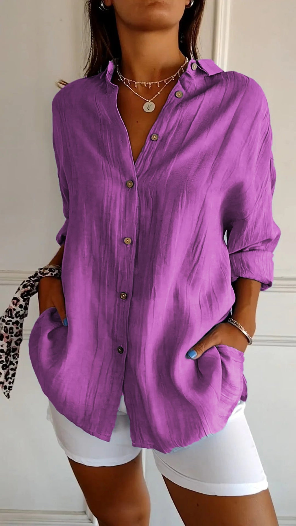 Women's Pleated Button Blouse – Relaxed Long Sleeve Shirt Blouse