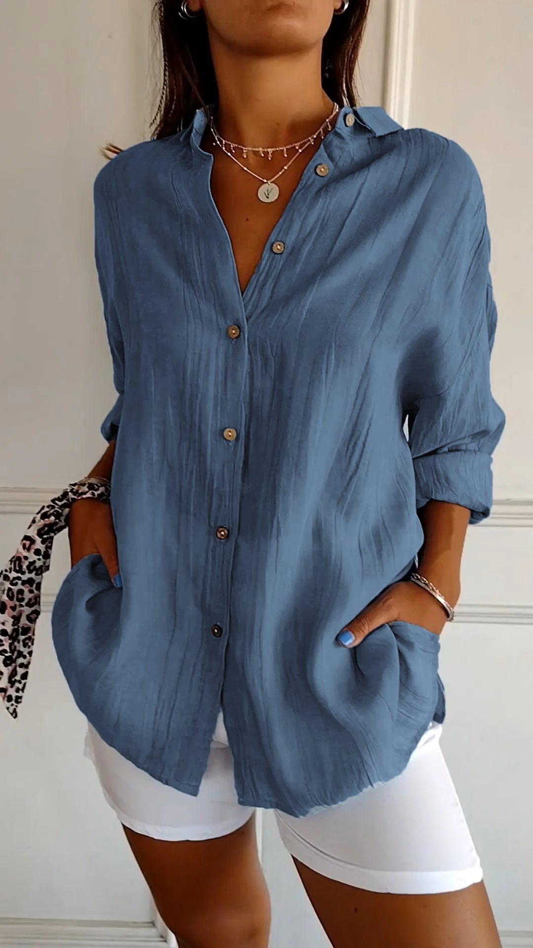 Women's Pleated Button Blouse – Relaxed Long Sleeve Shirt Blouse