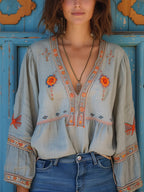 Women's V-Neck Boho Print Blouse – Relaxed Patterned Blouse