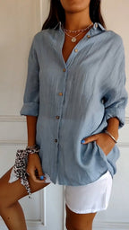 Women's Pleated Button Blouse – Relaxed Long Sleeve Shirt Blouse