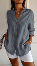 Women's Pleated Button Blouse – Relaxed Long Sleeve Shirt Blouse
