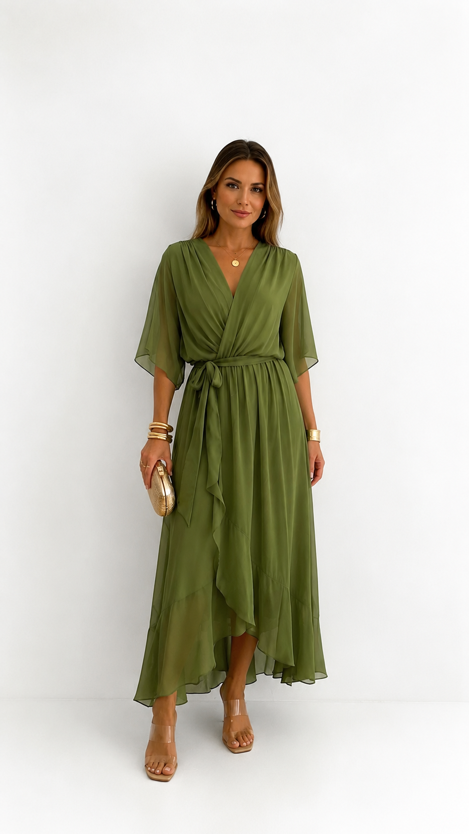 Women's Chiffon Wrap Dress – V-Neck Tie Waist Flowy Occasion Dress