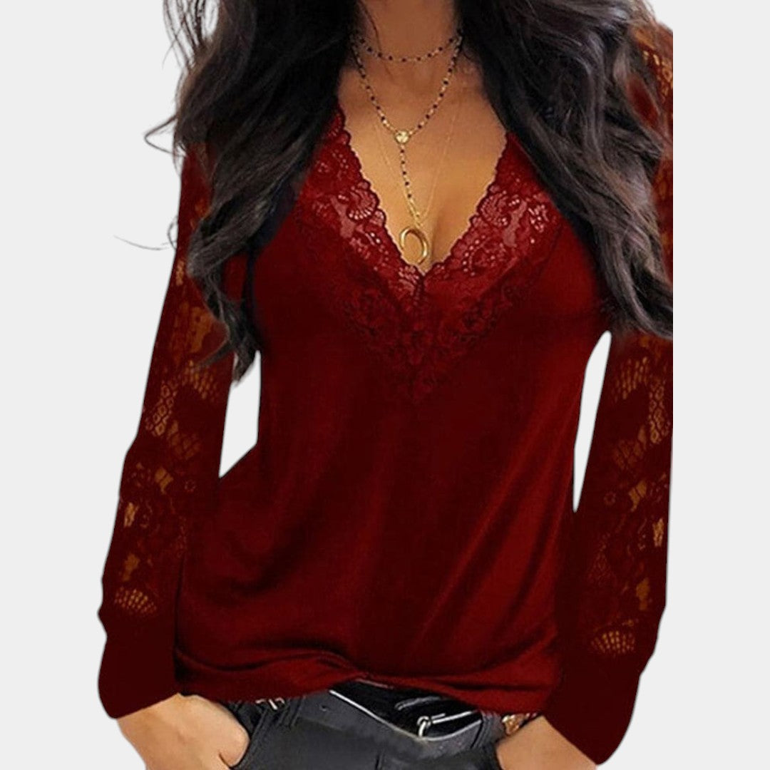 Women's Lace Sleeve Blouse – V-Neck Long Sleeve Lace Blouse