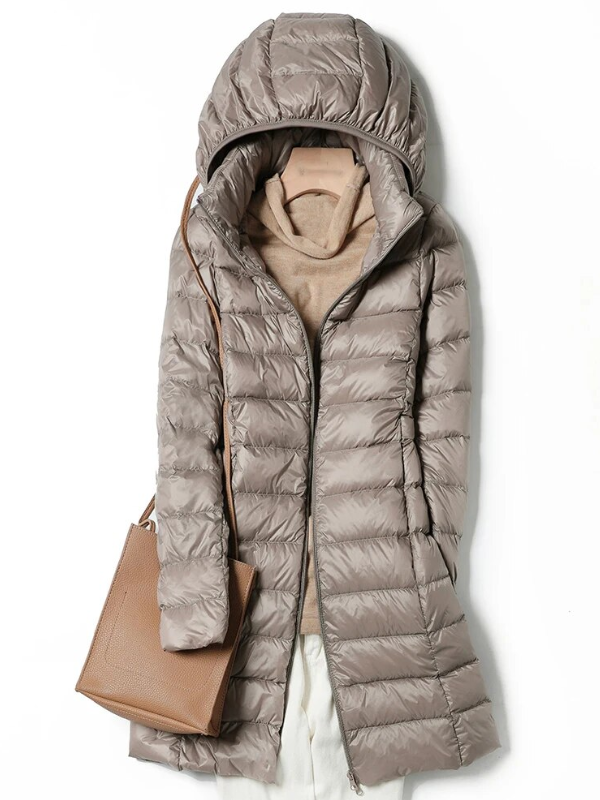 Women's Lightweight Puffer Coat – Removable Hood Longline Jacket