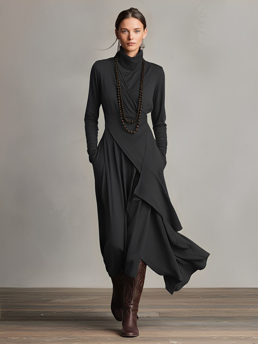 Women's Asymmetrical Knit Maxi Dress – High Neck Sweater Dress