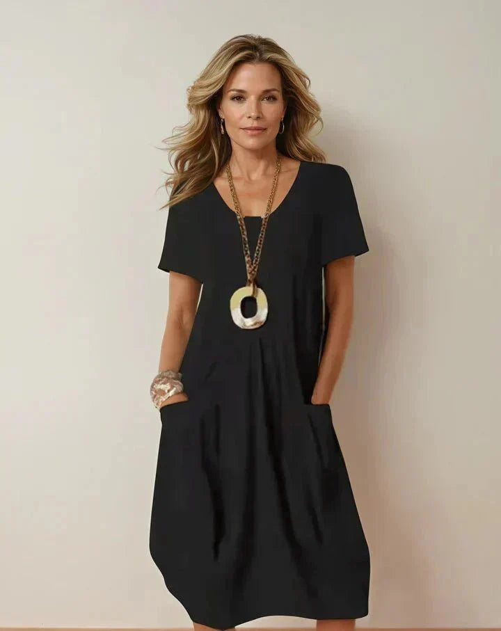 Women's A-Line Midi Dress – Round Neck Pocket Day Dress