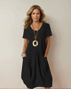 Women's A-Line Midi Dress – Round Neck Pocket Day Dress