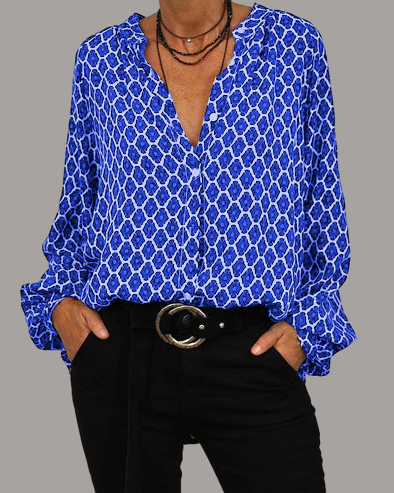 Women's Geometric V-Neck Blouse – Relaxed Printed Long Sleeve Blouse