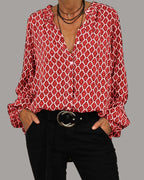 Women's Geometric V-Neck Blouse – Relaxed Printed Long Sleeve Blouse