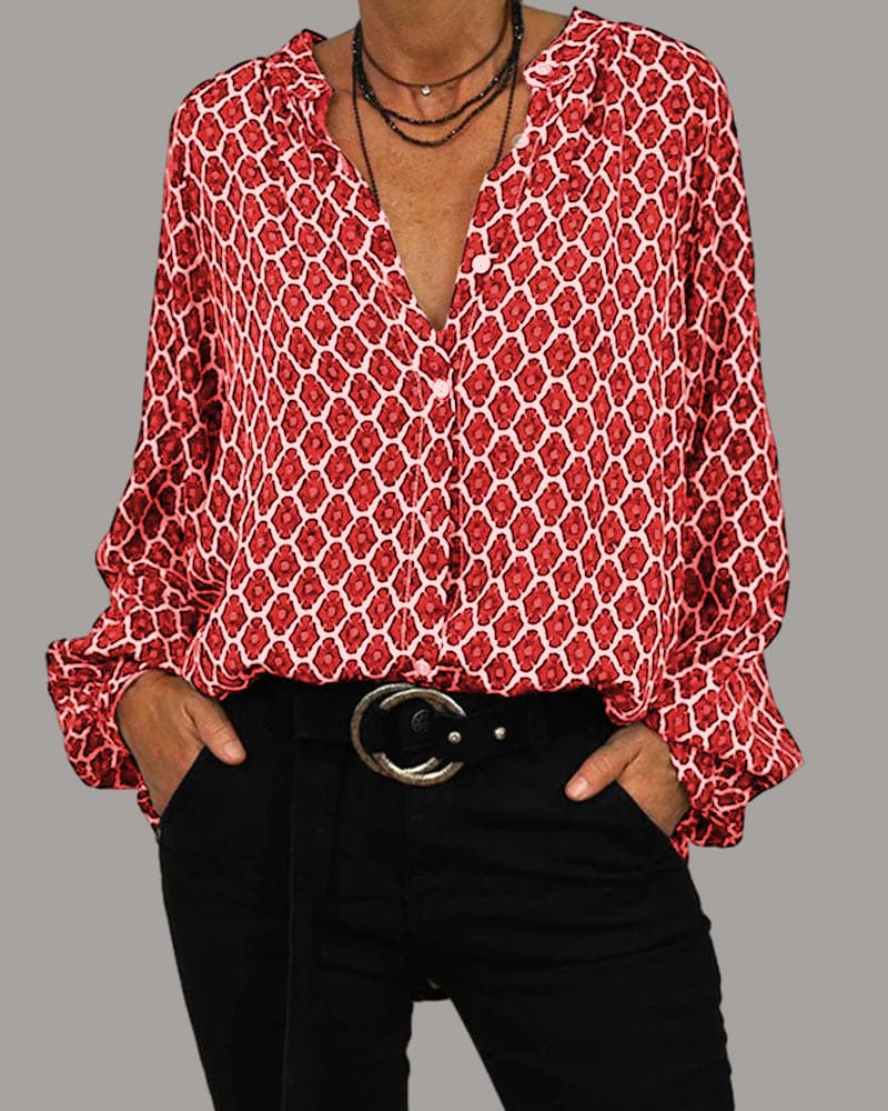 Women's Geometric V-Neck Blouse – Relaxed Printed Long Sleeve Blouse