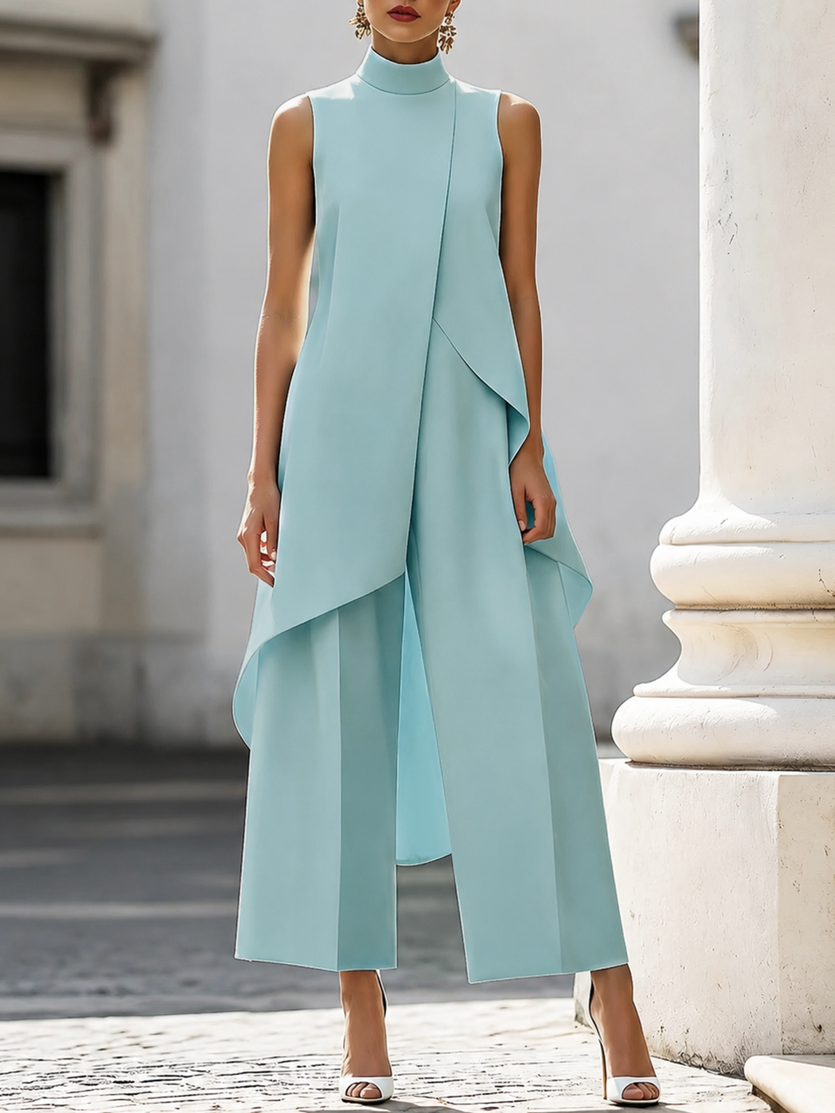 Women's Sleeveless Layered Jumpsuit – High Neck Asymmetrical Flowy Jumpsuit