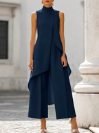 Women's Sleeveless Layered Jumpsuit – High Neck Asymmetrical Flowy Jumpsuit