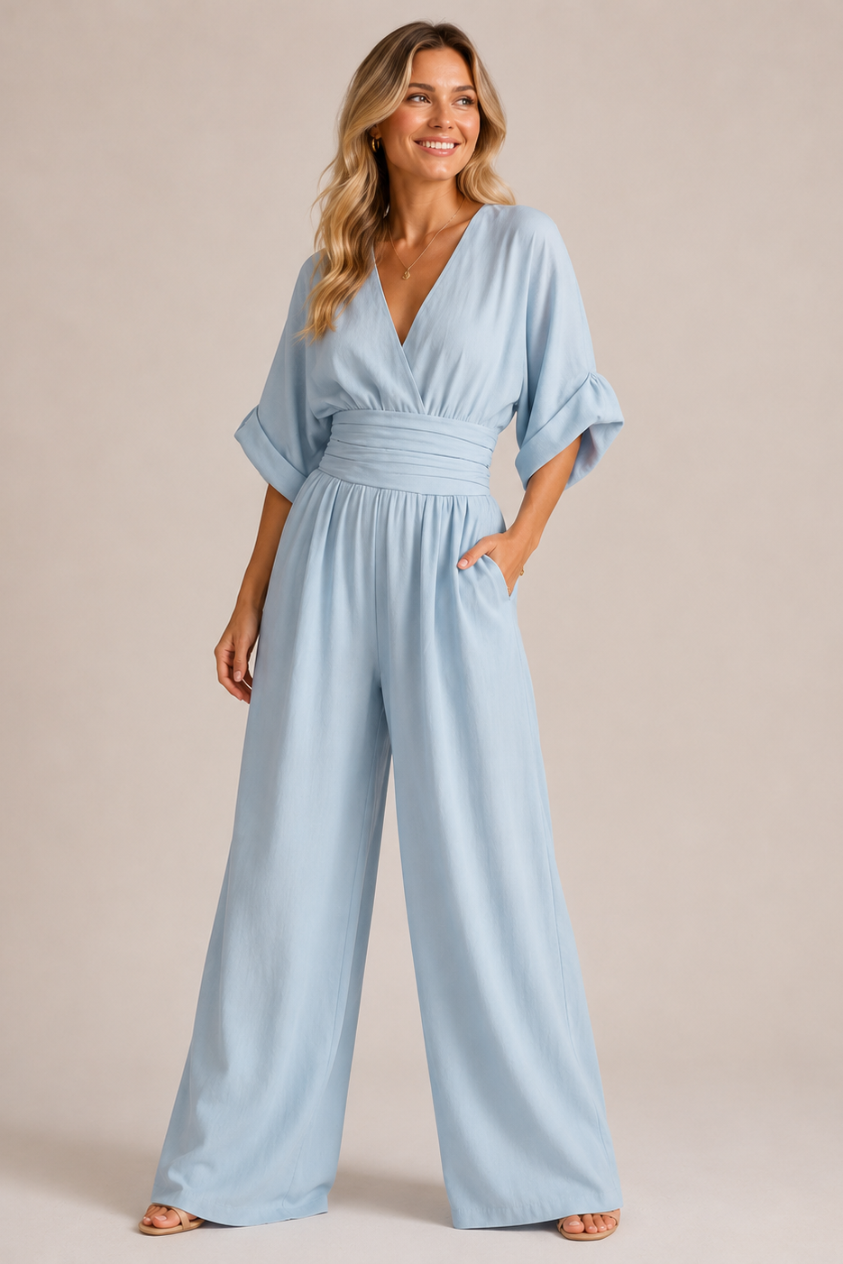 Women's Three-Quarter Sleeve Jumpsuit – Wide Leg Pantsuit
