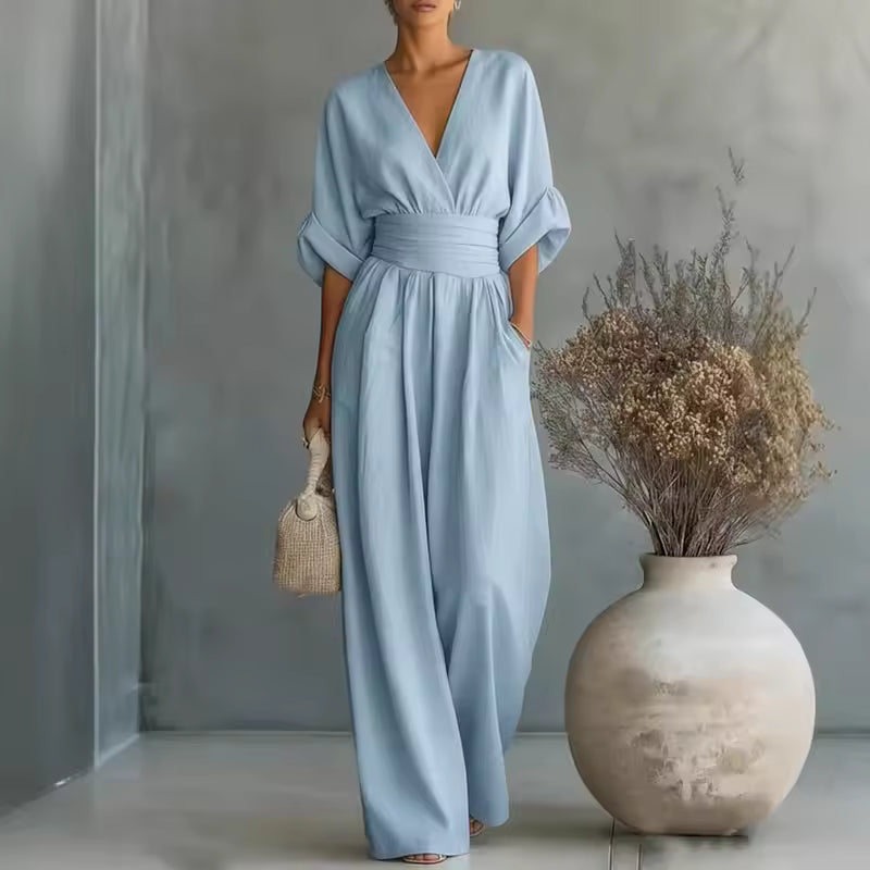Women's V-Neck Wide Leg Jumpsuit – High Waist Pocket Evening Jumpsuit