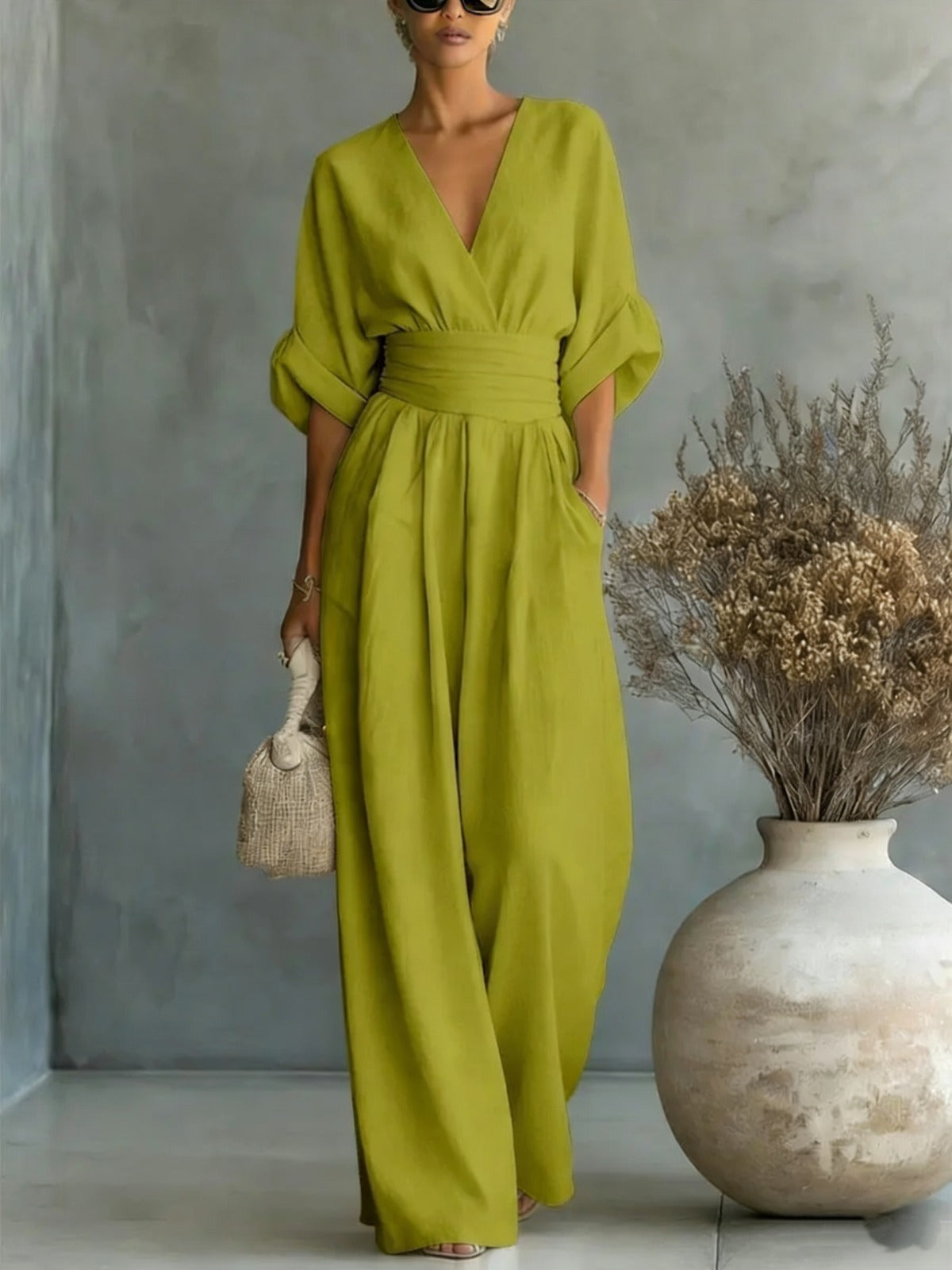 Women's V-Neck Wide Leg Jumpsuit – High Waist Pocket Evening Jumpsuit