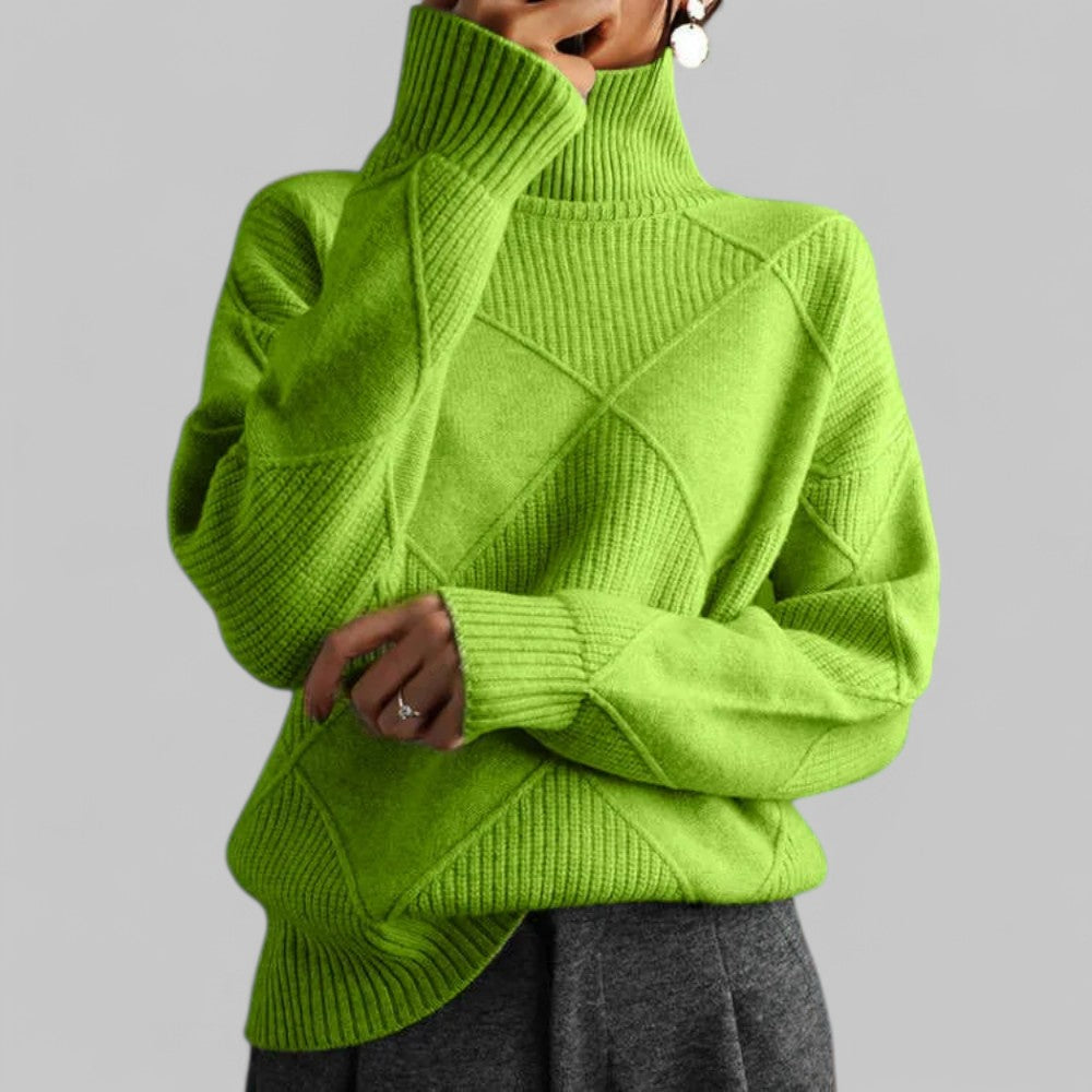 Women's Geometric Roll Neck Sweater – Relaxed Fit Winter Sweater