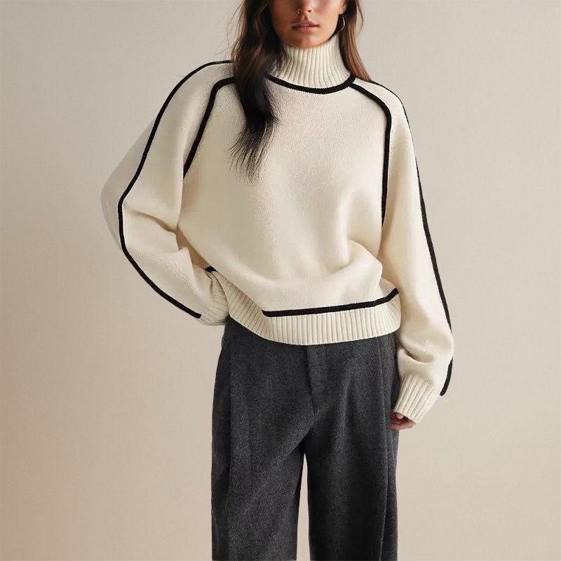 Women's Colorblock Turtleneck Sweater – Contrast High Neck Knit Pullover