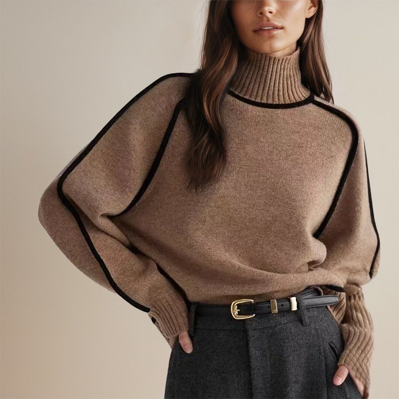 Women's Colorblock Turtleneck Sweater – Contrast High Neck Knit Pullover