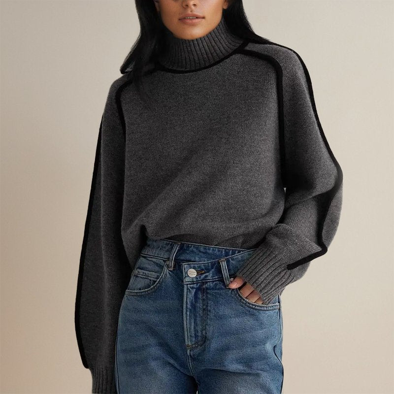 Women's Colorblock Turtleneck Sweater – Contrast High Neck Knit Pullover