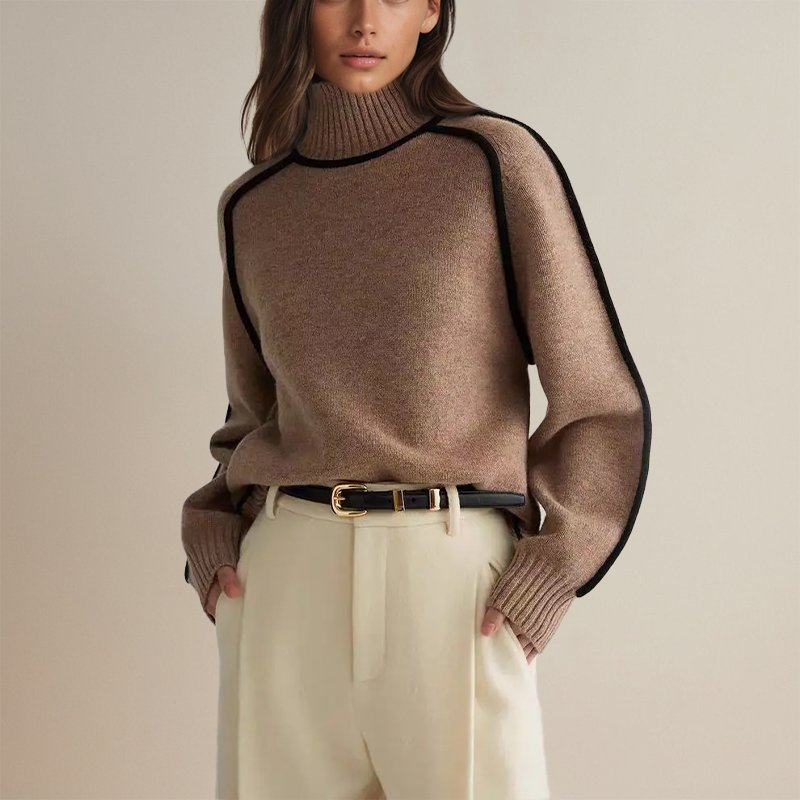 Women's Colorblock Turtleneck Sweater – Contrast High Neck Knit Pullover