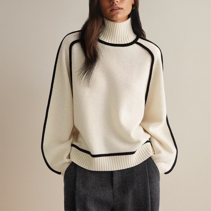 Women's Colorblock Turtleneck Sweater – Contrast High Neck Knit Pullover