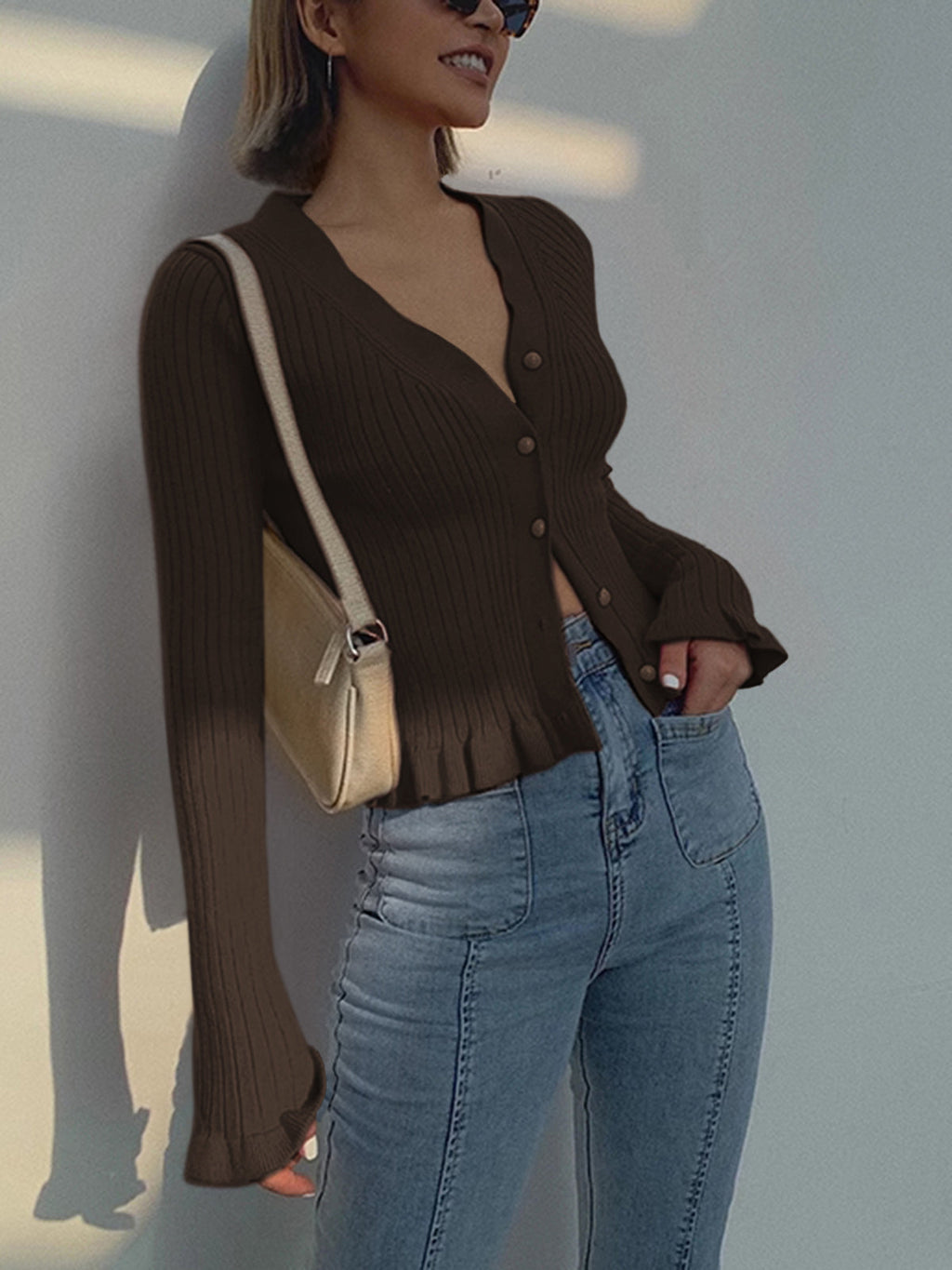 Women's Ruffle Hem Cardigan – Pearl Closure Long Sleeve Cardigan