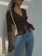 Women's Ruffle Hem Cardigan – Pearl Closure Long Sleeve Cardigan