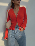 Women's Ruffle Hem Cardigan – Pearl Closure Long Sleeve Cardigan