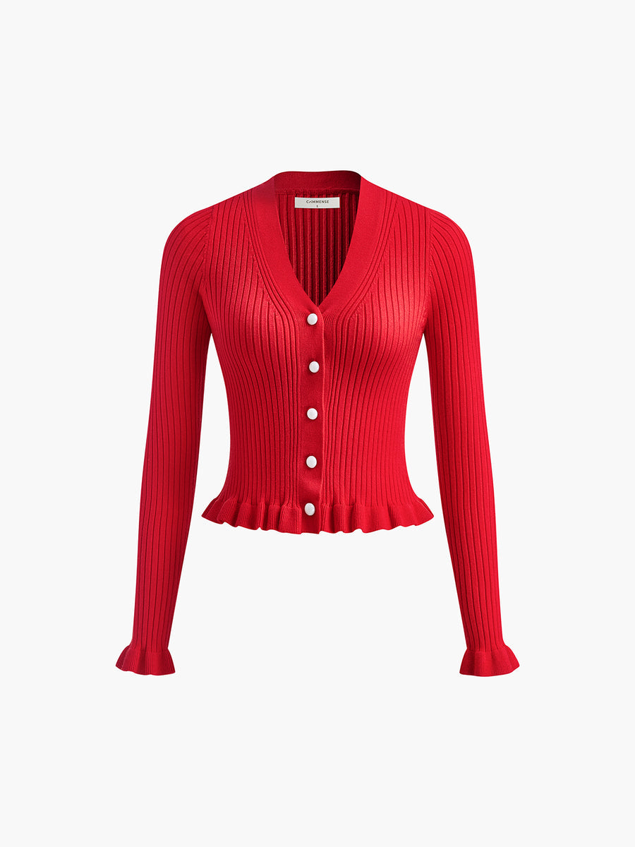 Women's Ruffle Hem Cardigan – Pearl Closure Long Sleeve Cardigan