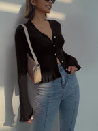 Women's Ruffle Hem Cardigan – Pearl Closure Long Sleeve Cardigan