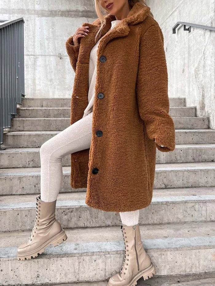 Women's Long Teddy Coat – Plush Relaxed Winter Overcoat