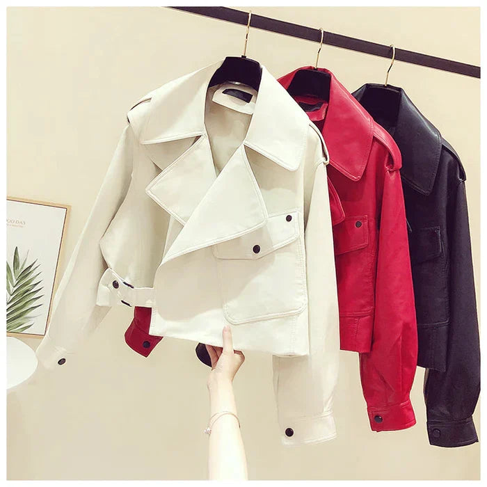 Women's Cropped Faux Leather Jacket – Retro Zip-Up Biker Jacket