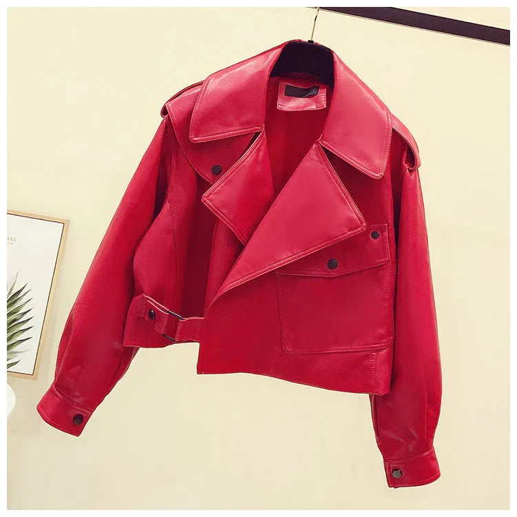Women's Cropped Faux Leather Jacket – Retro Zip-Up Biker Jacket
