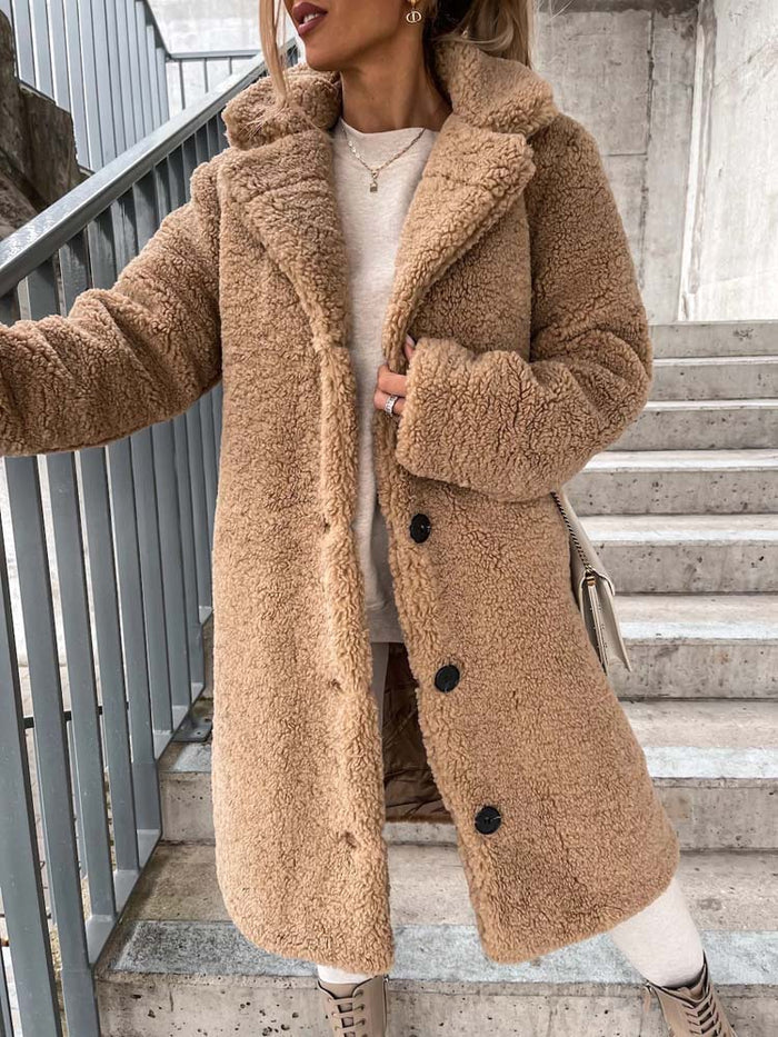 Women's Long Teddy Coat – Plush Relaxed Winter Overcoat