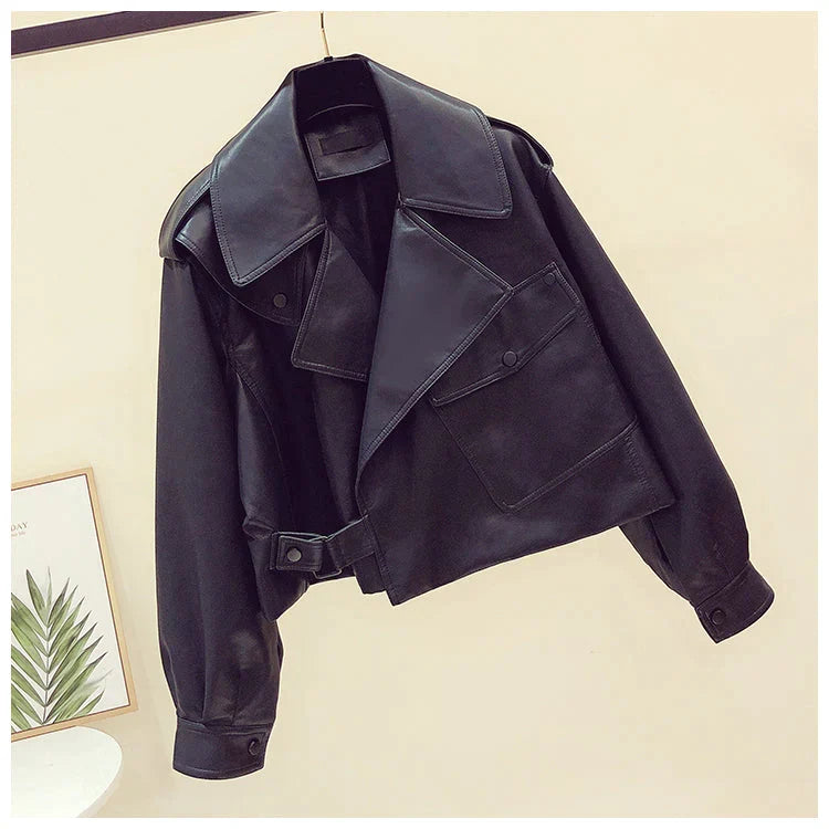 Women's Cropped Faux Leather Jacket – Retro Zip-Up Biker Jacket