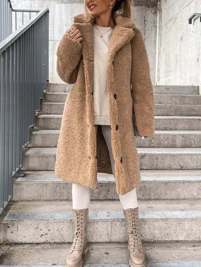 Women's Long Teddy Coat – Plush Relaxed Winter Overcoat