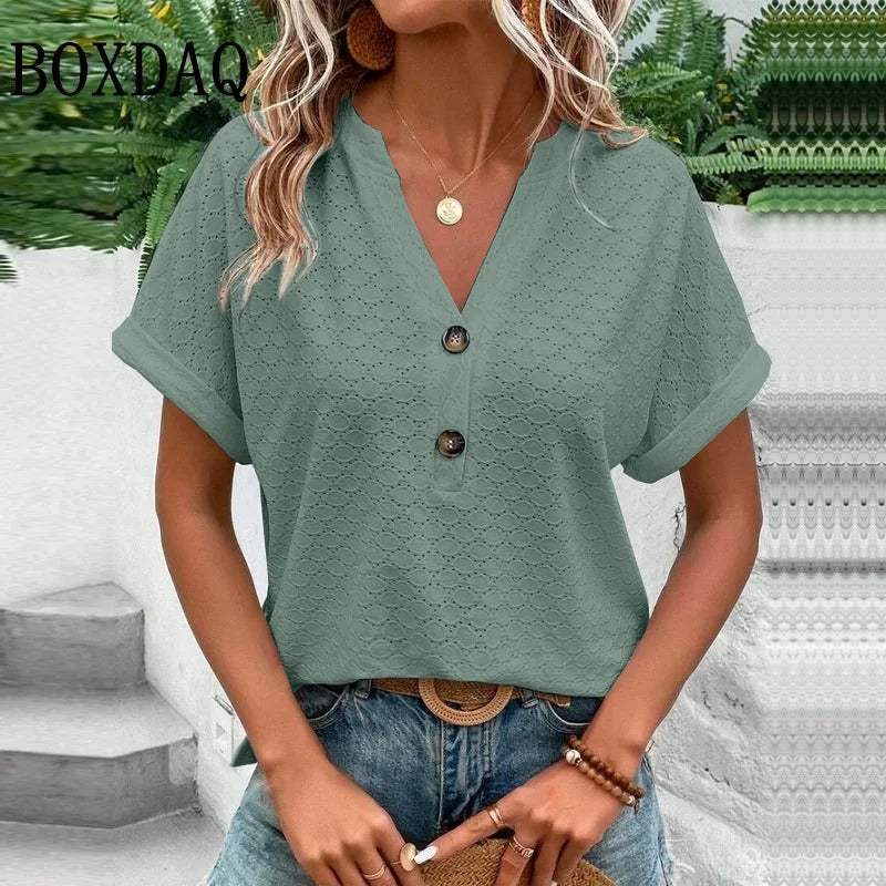 Women's V-Neck Blouse – Button Front Casual Blouse – Ariana