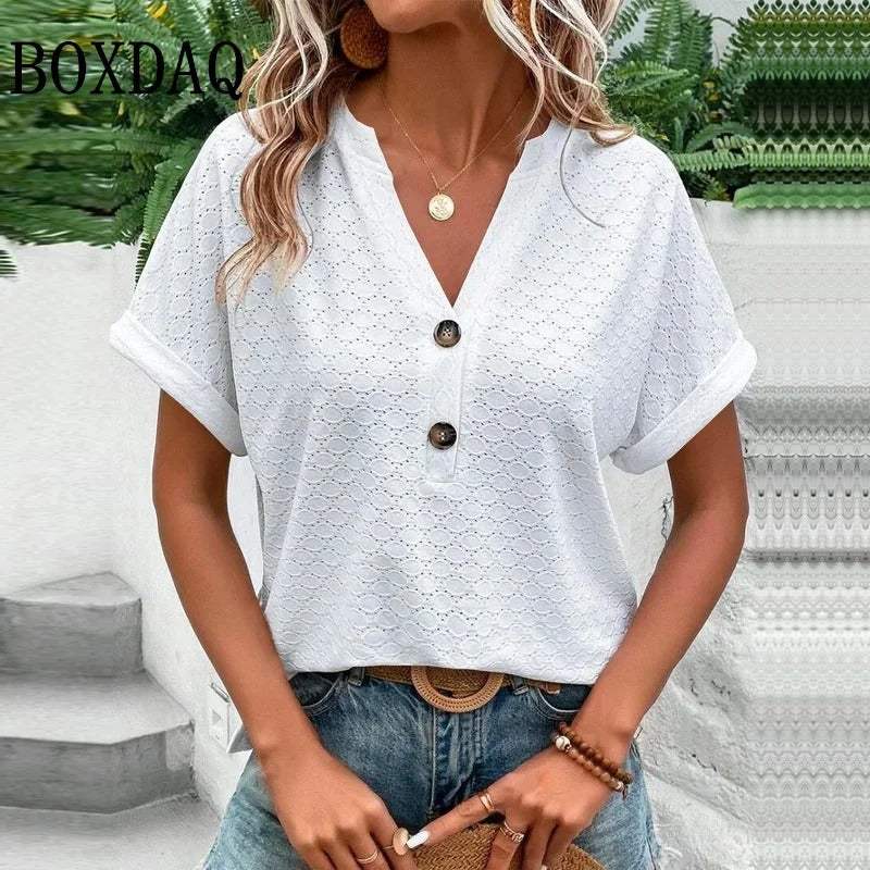 Women's V-Neck Blouse – Button Front Casual Blouse – Ariana