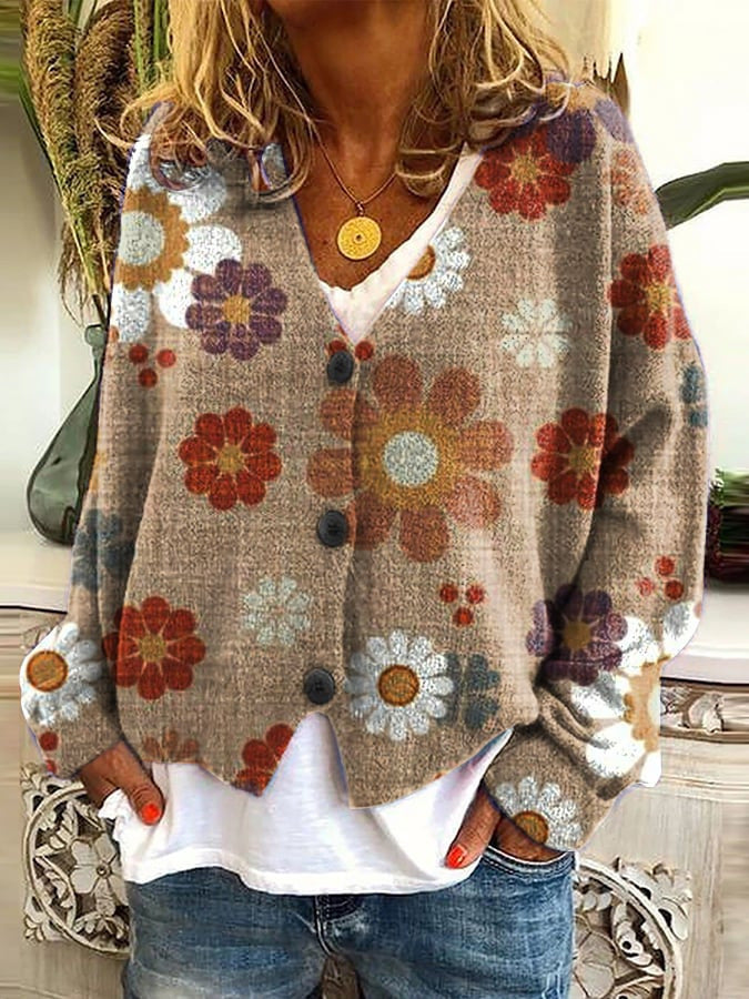 Women's Boho Print Cardigan – V-Neck Button Front Cardigan