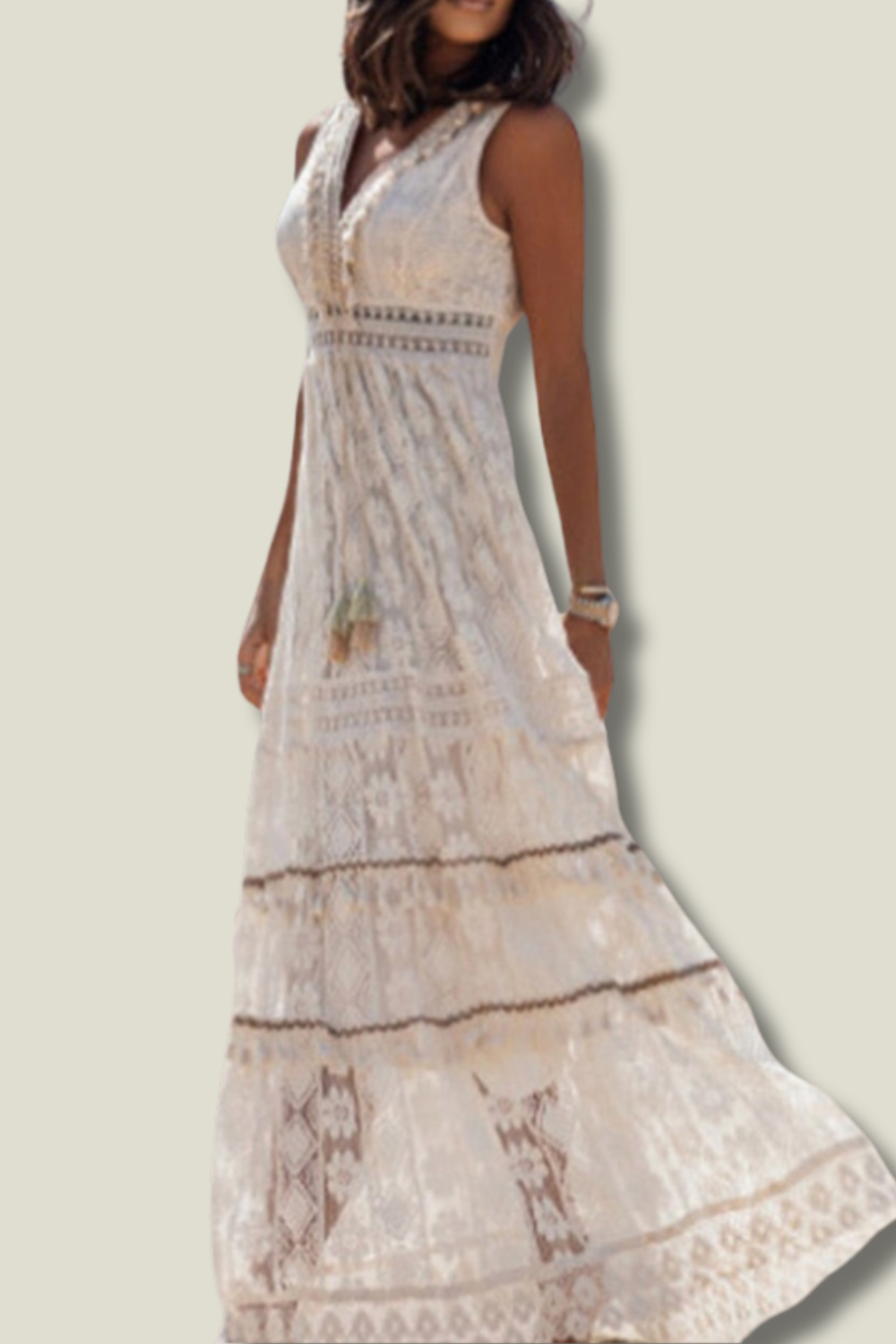 Women's Boho Tassel Maxi Dress – V-Neck Sleeveless Long Dress