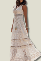 Women's Boho Tassel Maxi Dress – V-Neck Sleeveless Long Dress