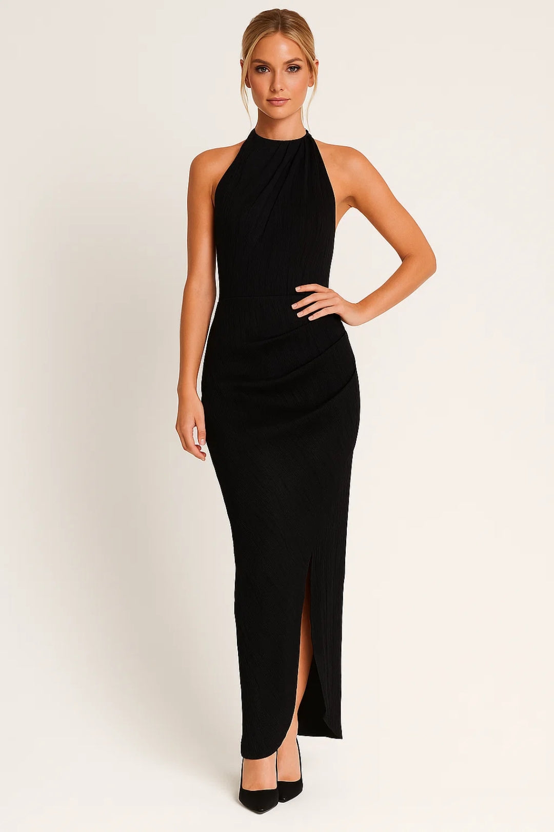 Women's Pleated Halter Midi Dress – Open Back Dress